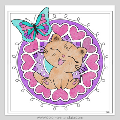 Free printable kitten coloring page with super cute cat and butterfly in a heart mandala.