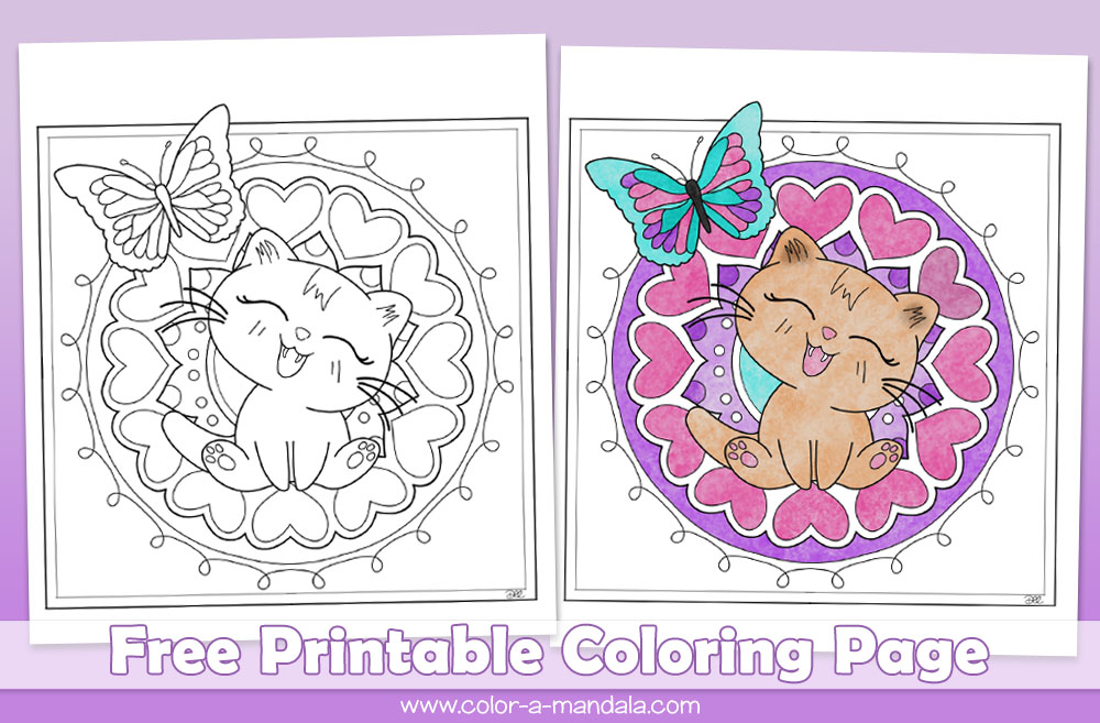 Free printable kitten coloring page with super cute cat and butterfly in a heart mandala.