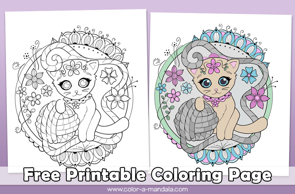 Image of a free printable cat and ball of yarn coloring page by color a mandala website. 