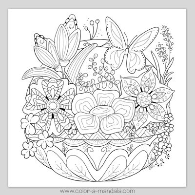 Small image of the springtime flower basket coloring page (M179). Text reads www.color-a-mandala.com