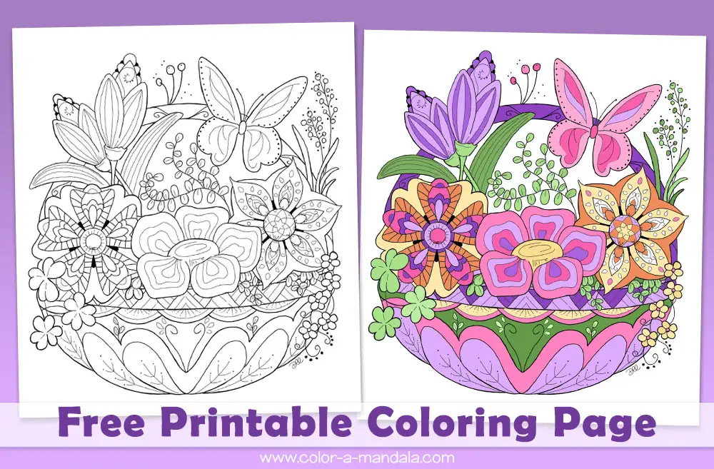 Image of a springtime flower basket coloring page (M179). The image shows a copy of the page with uncolored line art and a sample of the coloring page colored in. Text reads Free Printable Coloring Page www.color-a-mandala.com