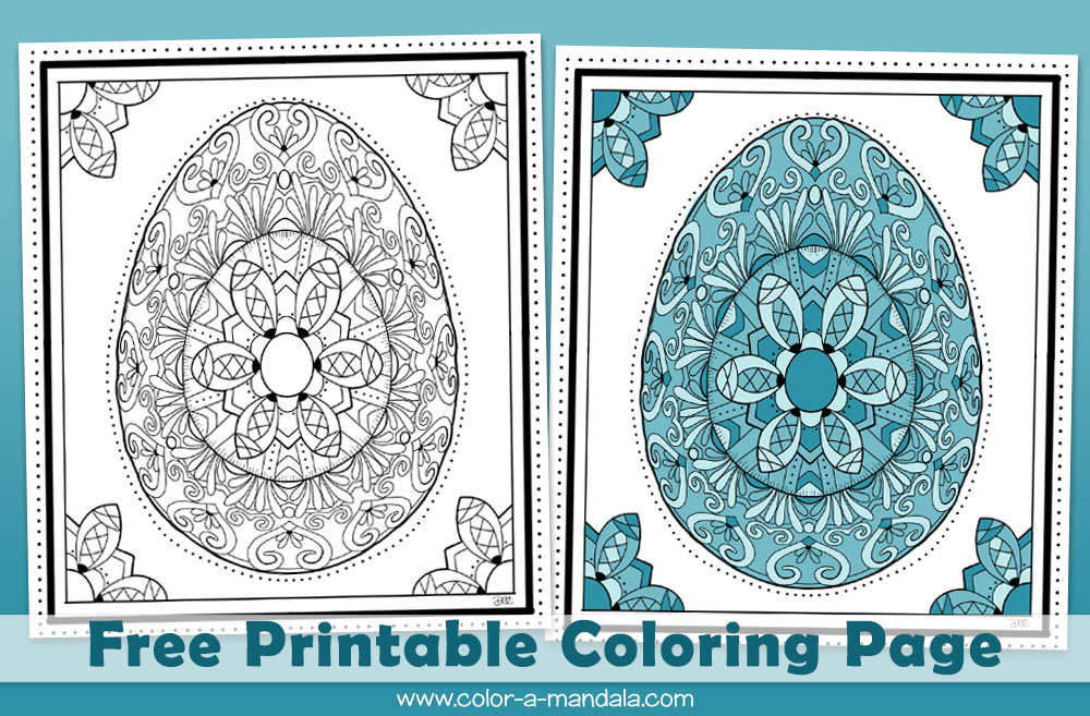 Image of the Egg Mandala Coloring Page (M181). Image shows 2 versions of the coloring page: not completed and completed. Text reads Free Printable Coloring Page www.color-a-mandala.com