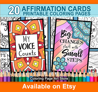 Bundle of 20 Affirmation cards printable coloring pages. Available on Etsy.