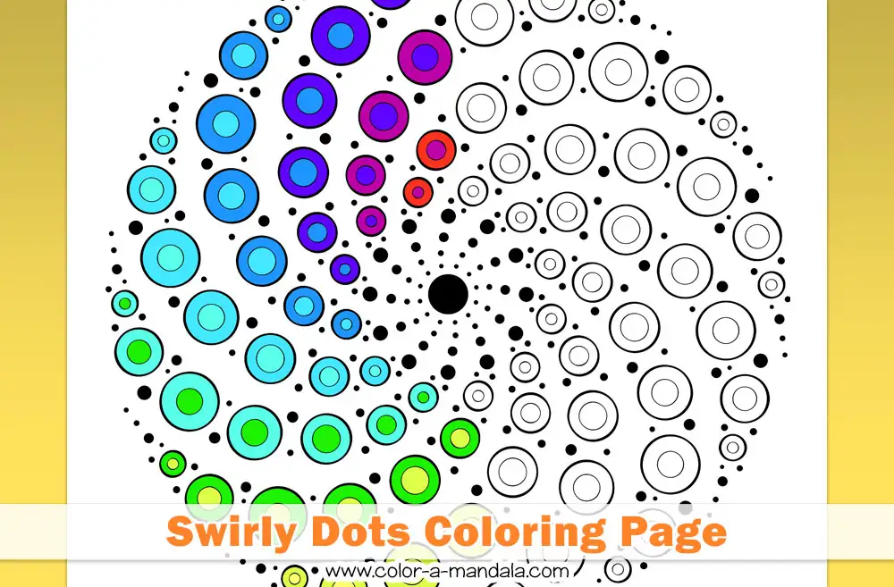 Swirly Dot Mandala coloring page image that is partially colored in.