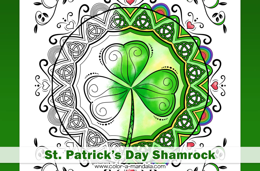 Shamrock coloring page partially colored in.
