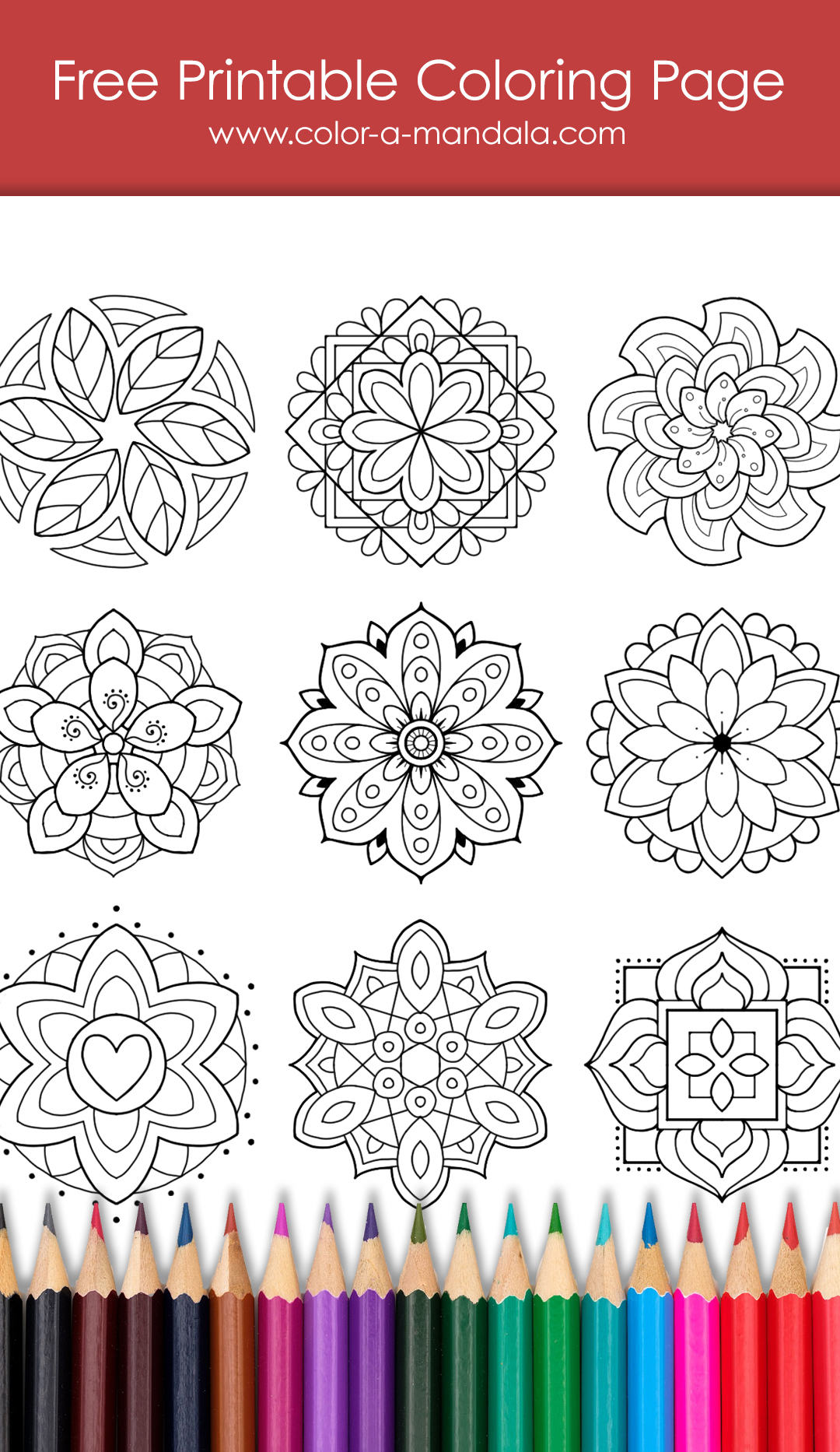 Image of a coloring page with 9 small mandalas on it and the text free printable coloring page.