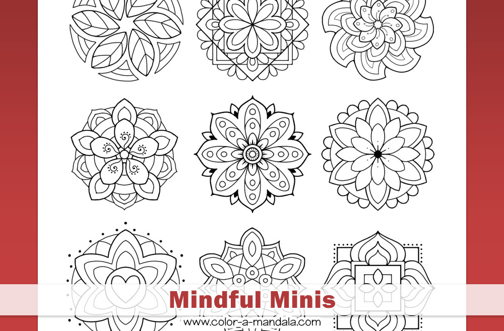 Image of a coloring page with mini mandalas on it and the text Mindful Minis