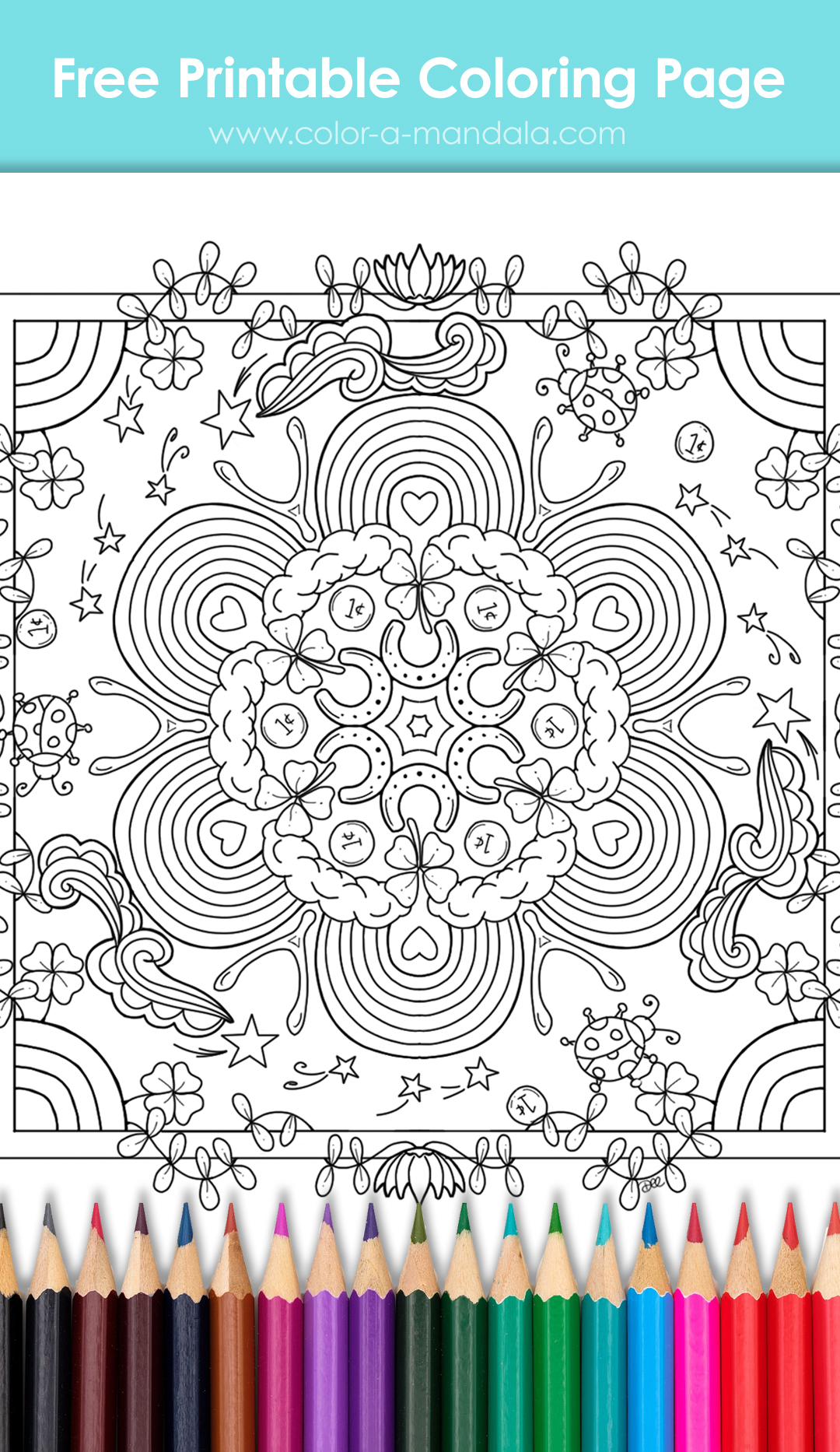 Uncolored good luck coloring page with drawings of rainbows, wishbones, horseshoes, and ladybugs