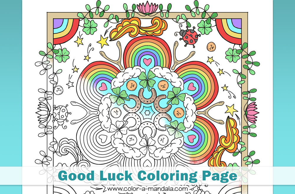 Partially colored good luck coloring page with rainbows, wishbones, horseshoes, and ladybugs