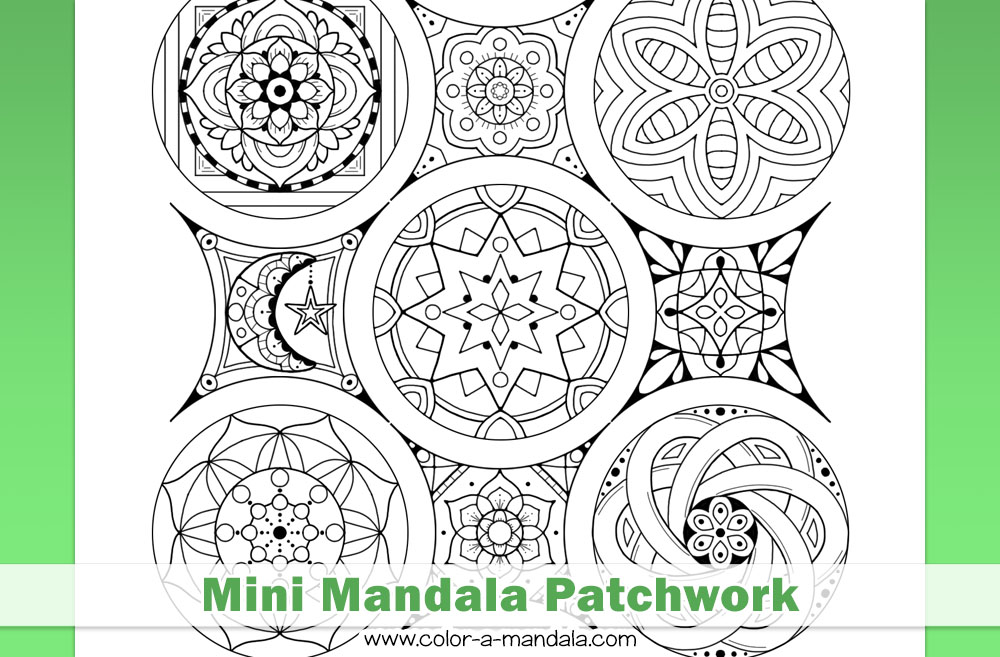 A coloring page with mini mandalas in a patchwork pattern. 