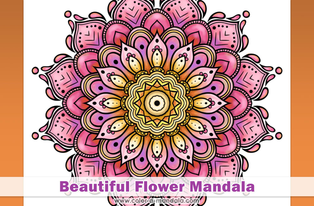Image of a beautiful flower mandala coloring page that has been colored in.