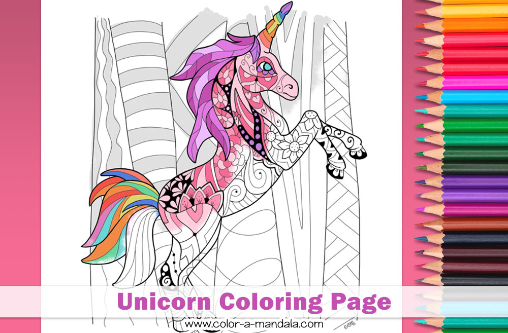 Image of a partially colored unicorn coloring page with doodle art.