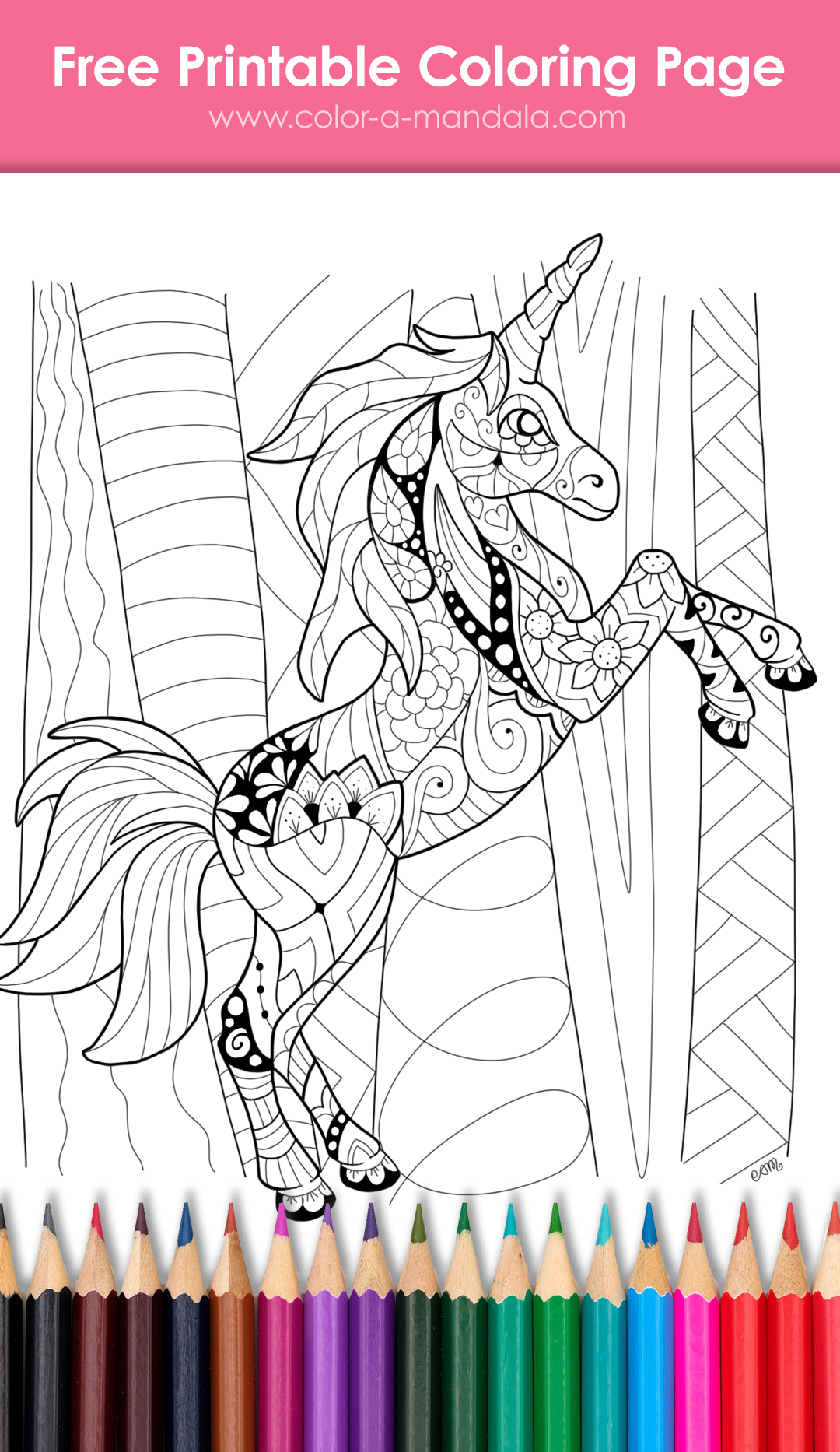 Image of a unicorn coloring page that is decorated with doodle art and mandala designs.