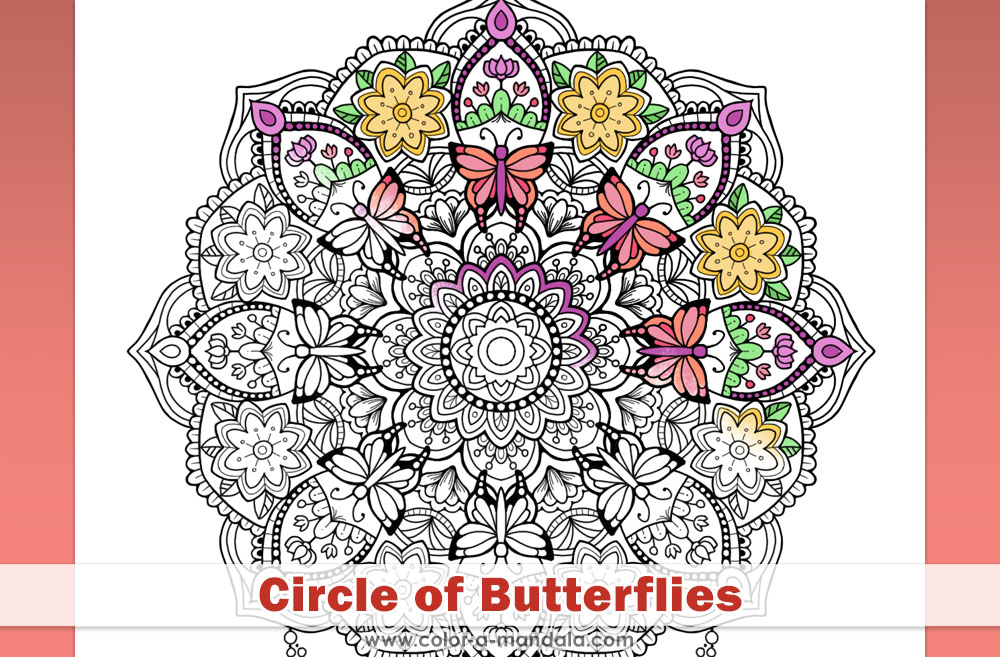 Image of a partially completed butterfly mandala coloring page with flowers.