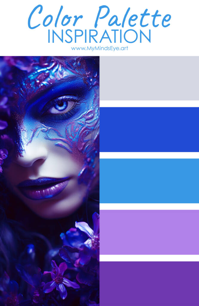 Image of color palette inspiration with blue, purple, and silver colors. Image is from www.mymindseye.art
