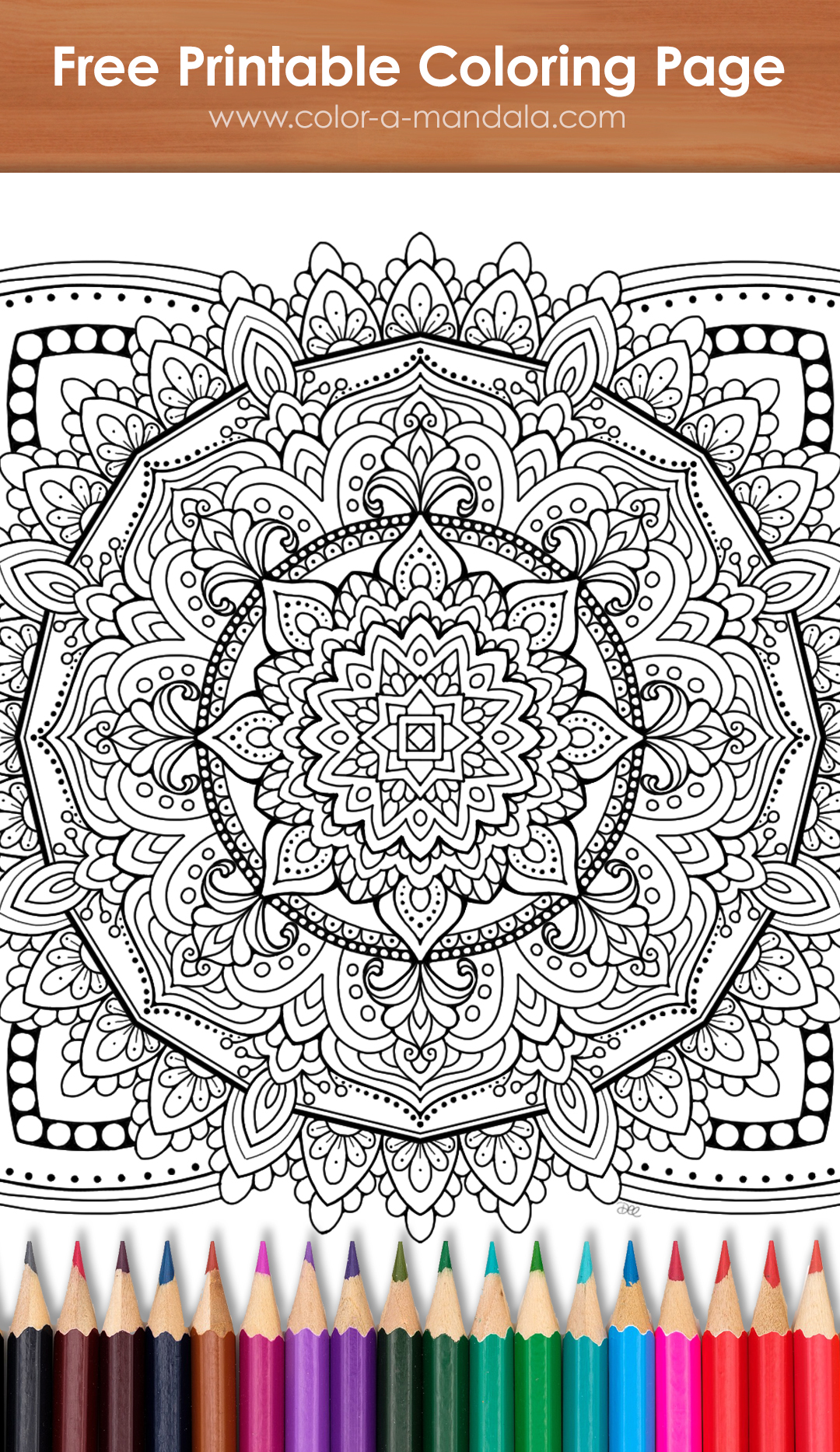 Image of a coloring page with an intricate mandala illustration.