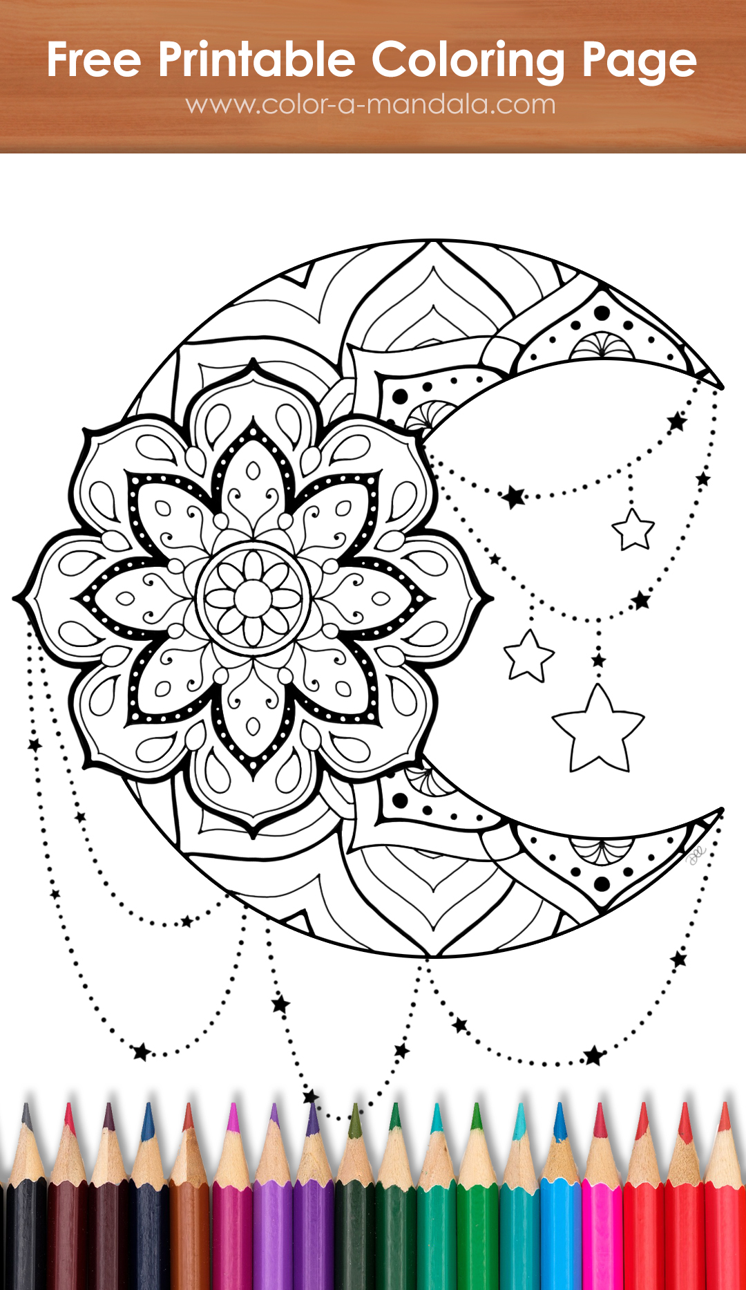 Image of an uncolored coloring page with a moon mandala illustration on it.