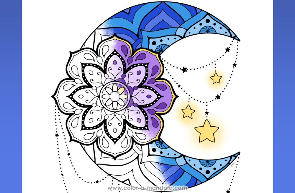 Image of a coloring page with a moon mandala and flower. The page is partially colored in.