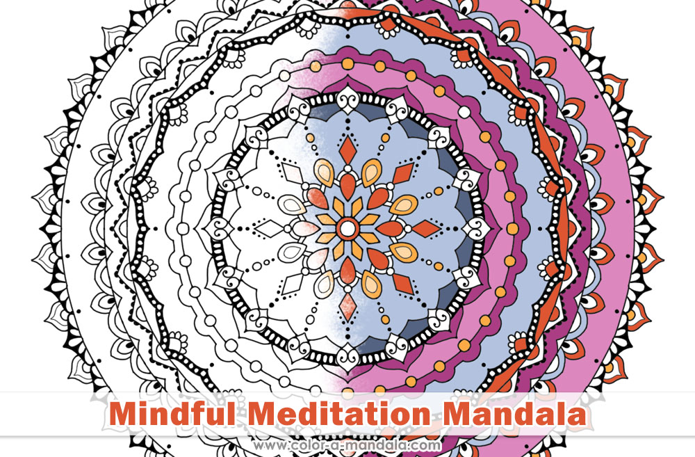 Image of a mindful meditation mandala coloring page partially colored in.