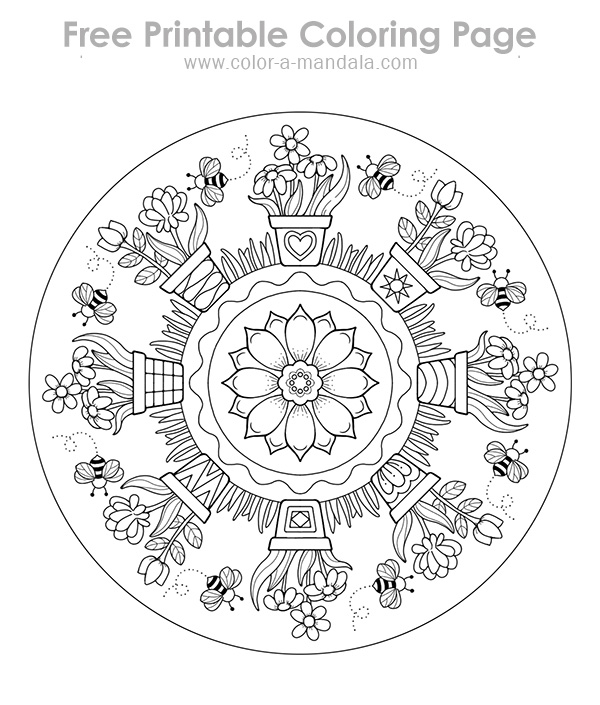 Uncolored image of a flower posts and buzzing bees mandala coloring page.