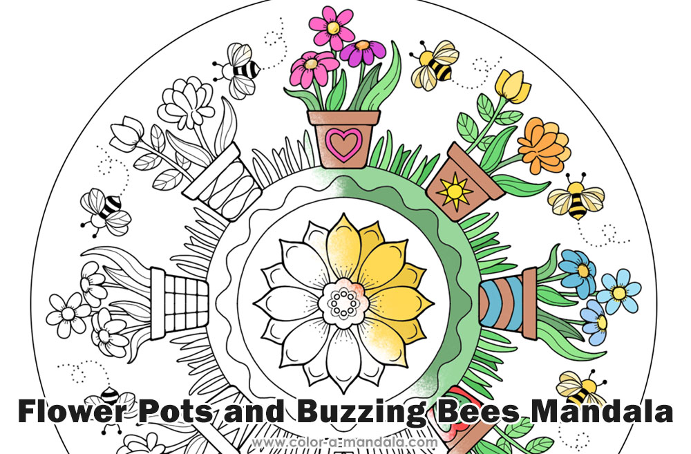 Image of a flower posts and buzzing bees mandala coloring page. The illustration is partially colored in.