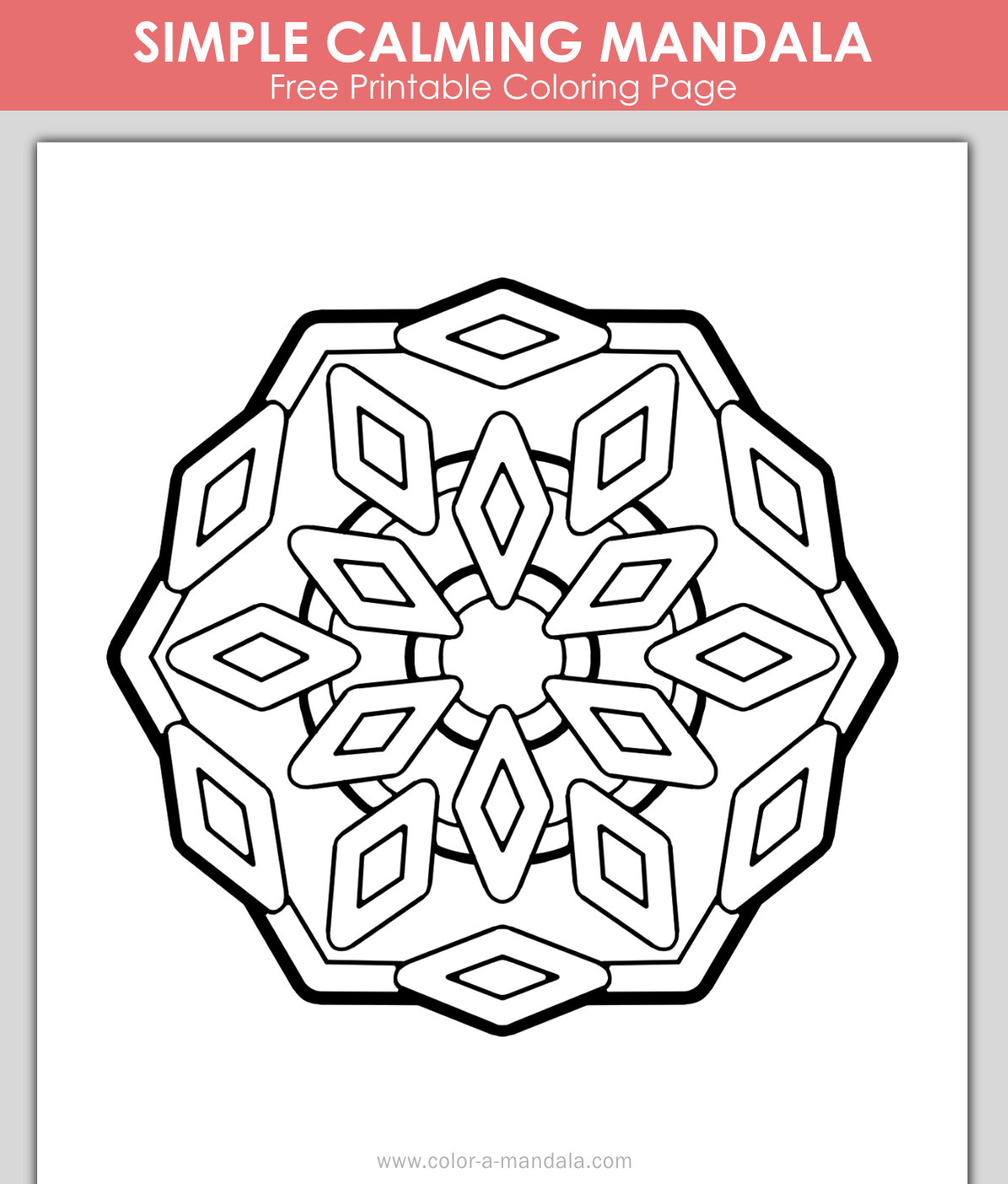 Image of a coloring page with a simple mandala with diamond shaped designs.