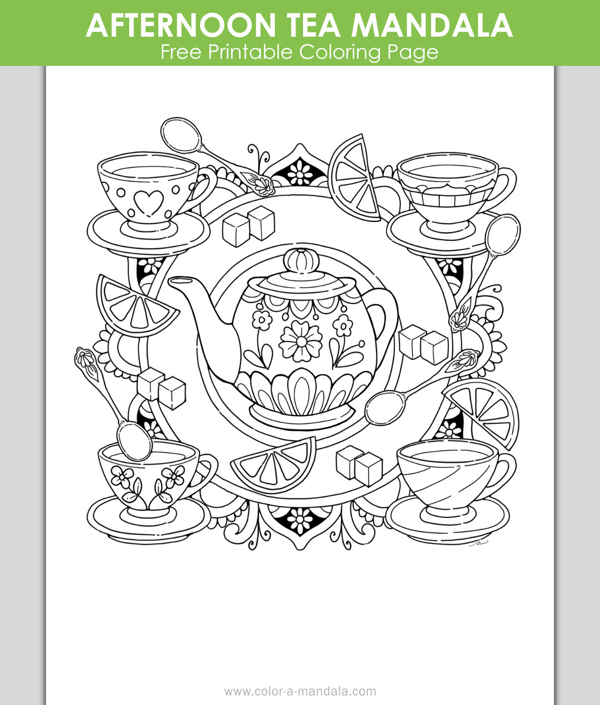 Sample image of a coloring page with a teapot and teacups.