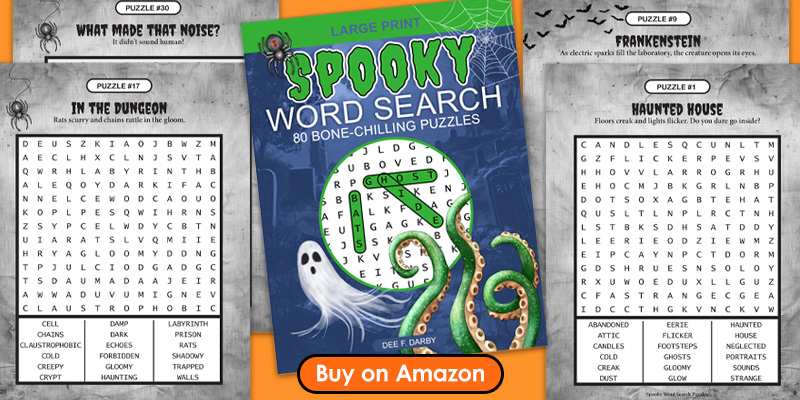 Spooky Word Search Puzzle Book by Dee F. Darby. Link to Amazon